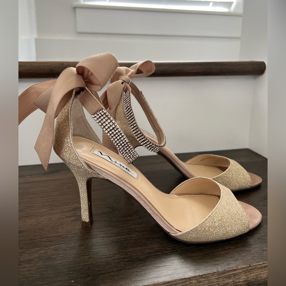 Nina Vinnie Champagne Dress Pumps with Ankle Ties